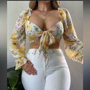 Yellow Floral Tie Sheer Top NWT Size S